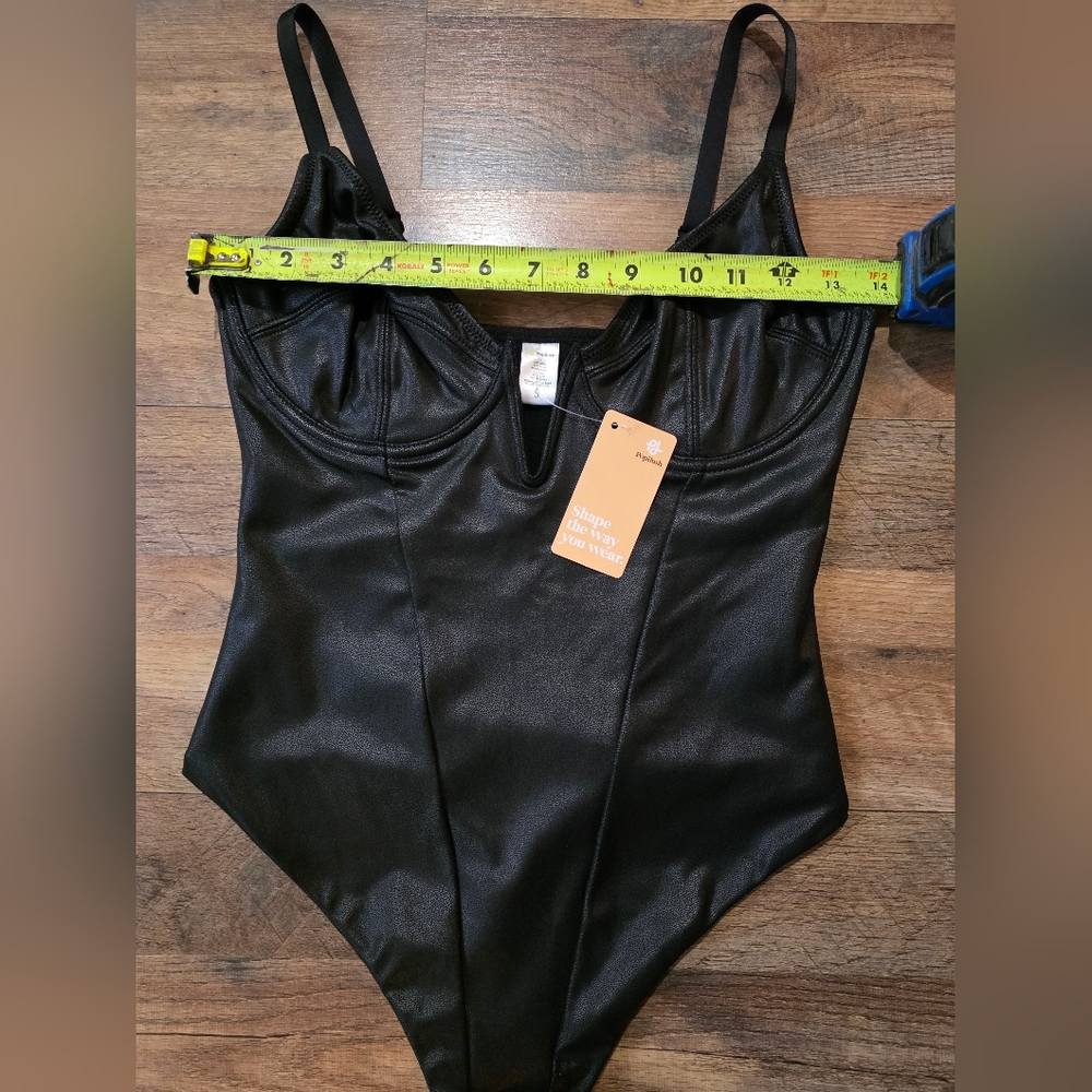 Popilush Women's Black Faux Leather Deep V Shapewear Tummy Control Bodysuit S - Picture 11 of 12